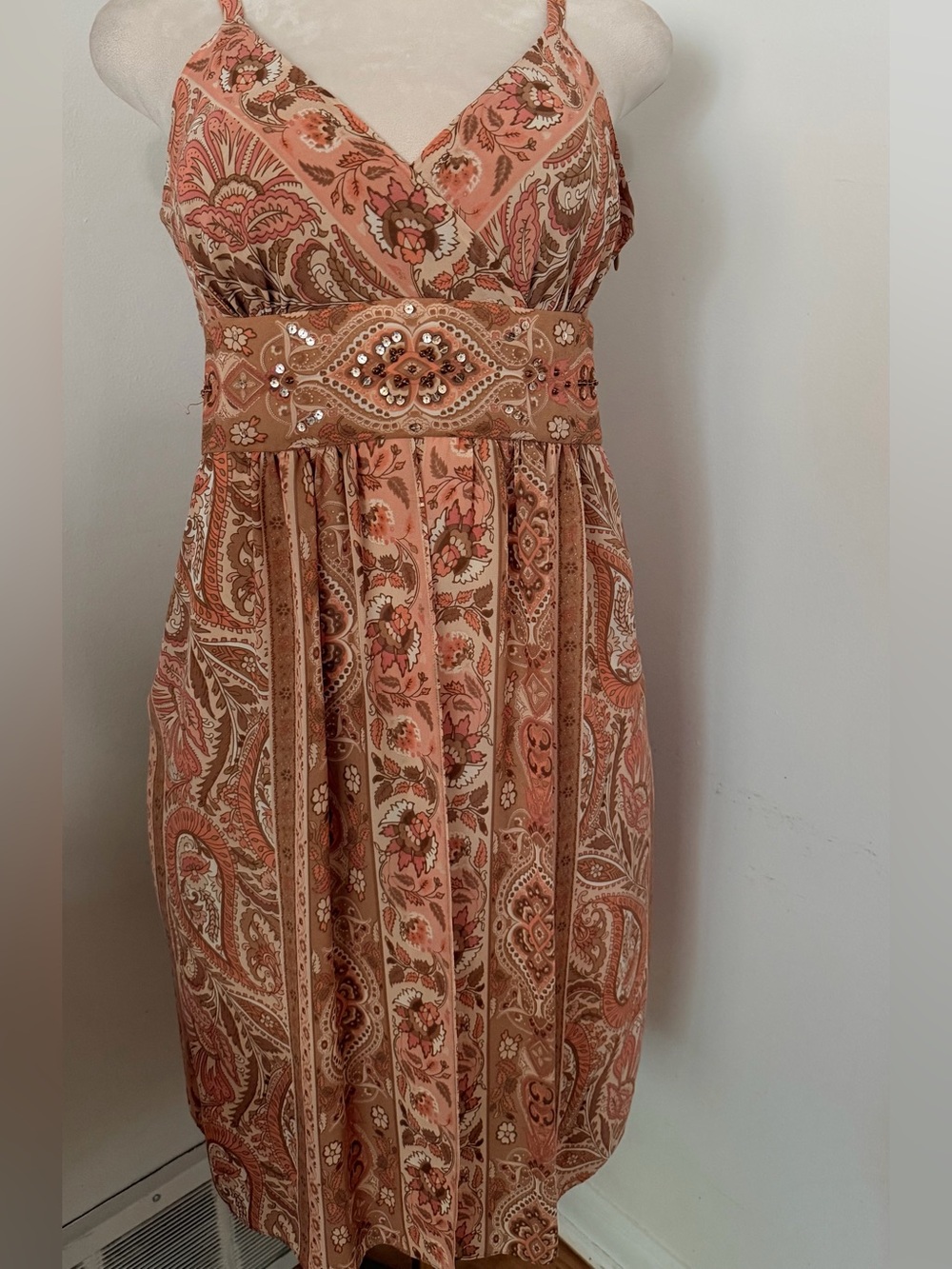 Bandolino Y2K Boho Paisley Sequin Empire Waist Dress 12 Earthy Coquette